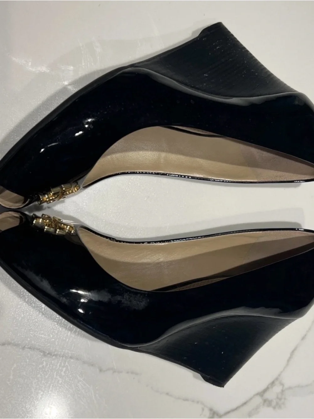 Tory Burch Black Patent Leather Peep-Toe Wedge with Gold Logo